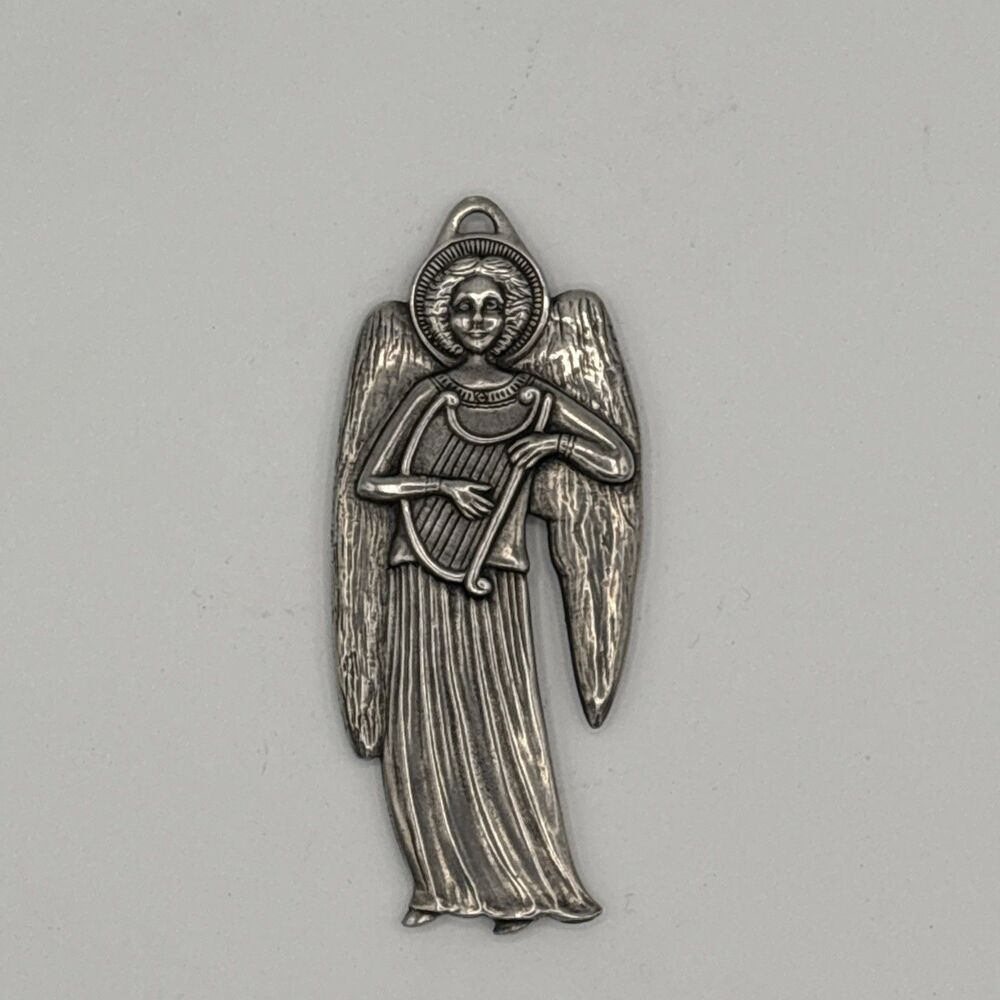 VINTAGE 1987 DANFORTH PEWTER ANGEL Ornament Angel Playing The Harp Christmas